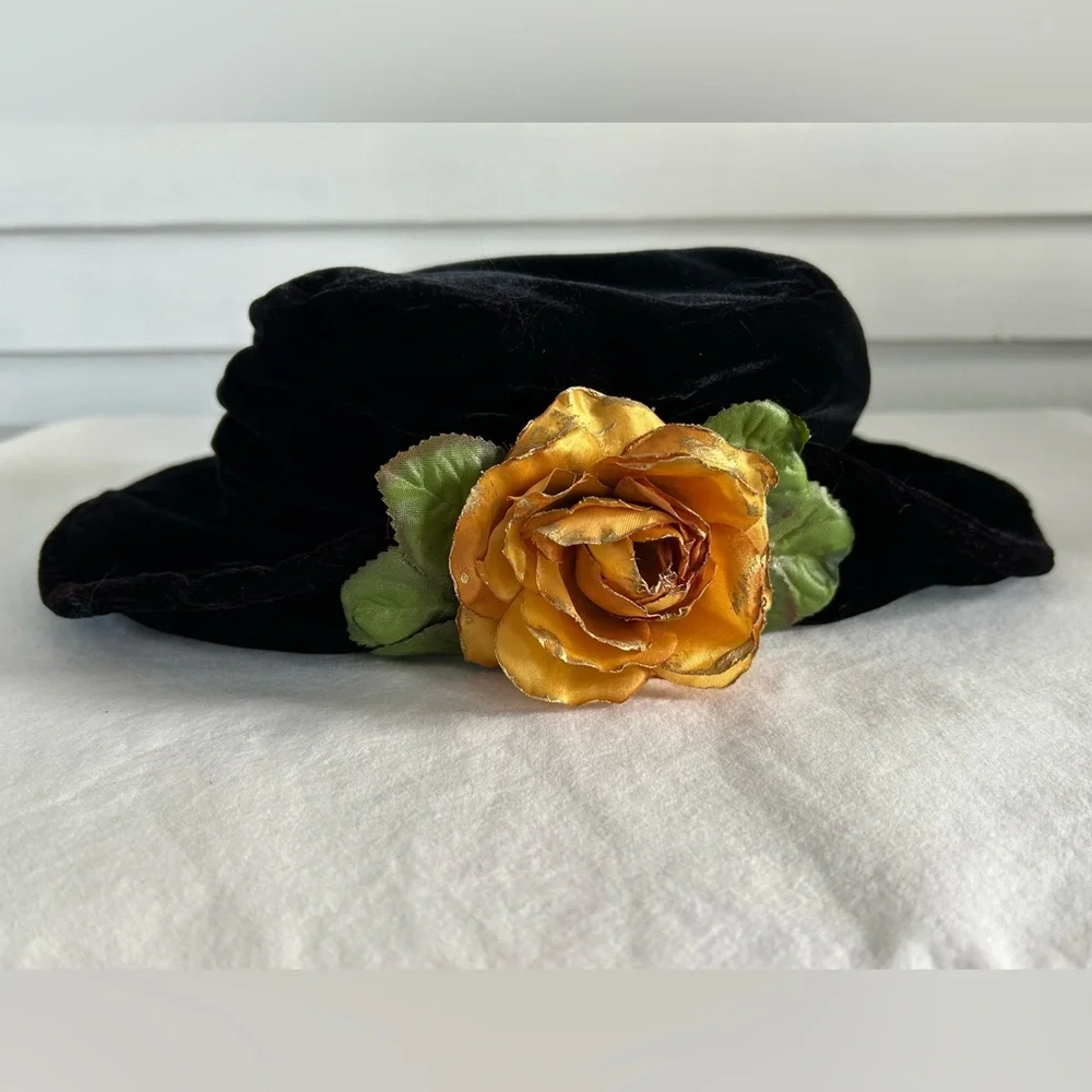 Vintage Black Hat with Gold Flower Accent by Accessory Lady w/‎ Tag